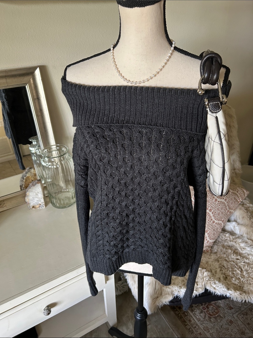 American Eagle Vtg Y2K cableknit cotton fold over off shoulder sweater XS